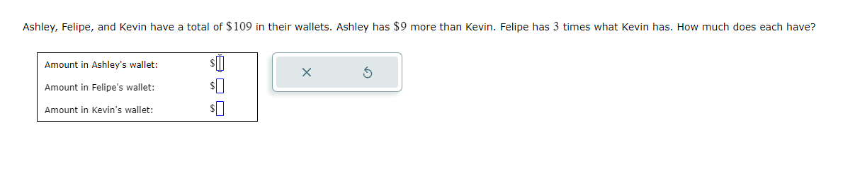 Ashley, Felipe, and Kevin have a total of $109 in