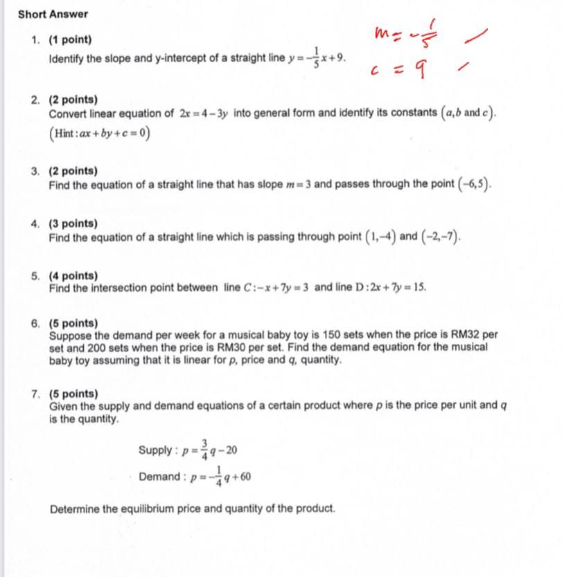 Short Answer 1. (1 point) Identify the slope and
