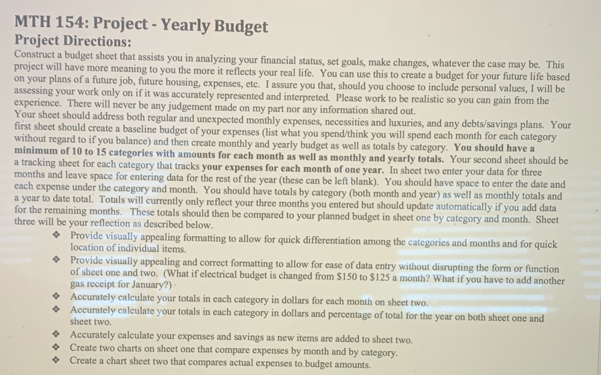 MTH 154: Project - Yearly Budget Project