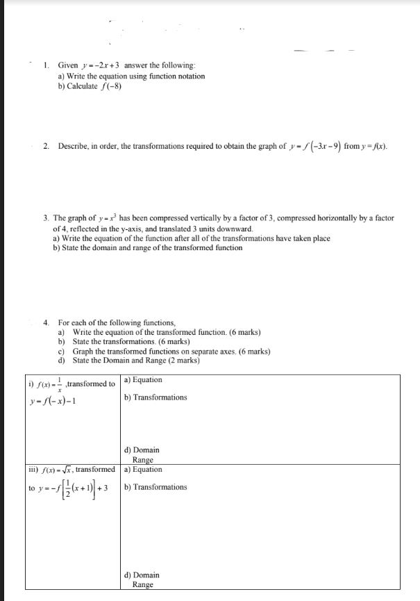 1. Given =-2r+3 answer the following: a) Write