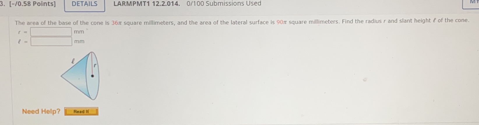 The area of the base of the cone is 36 pi symbol