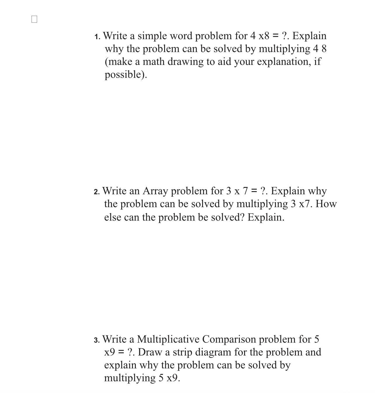 1. Write a simple word problem for 4 x8 = ?.