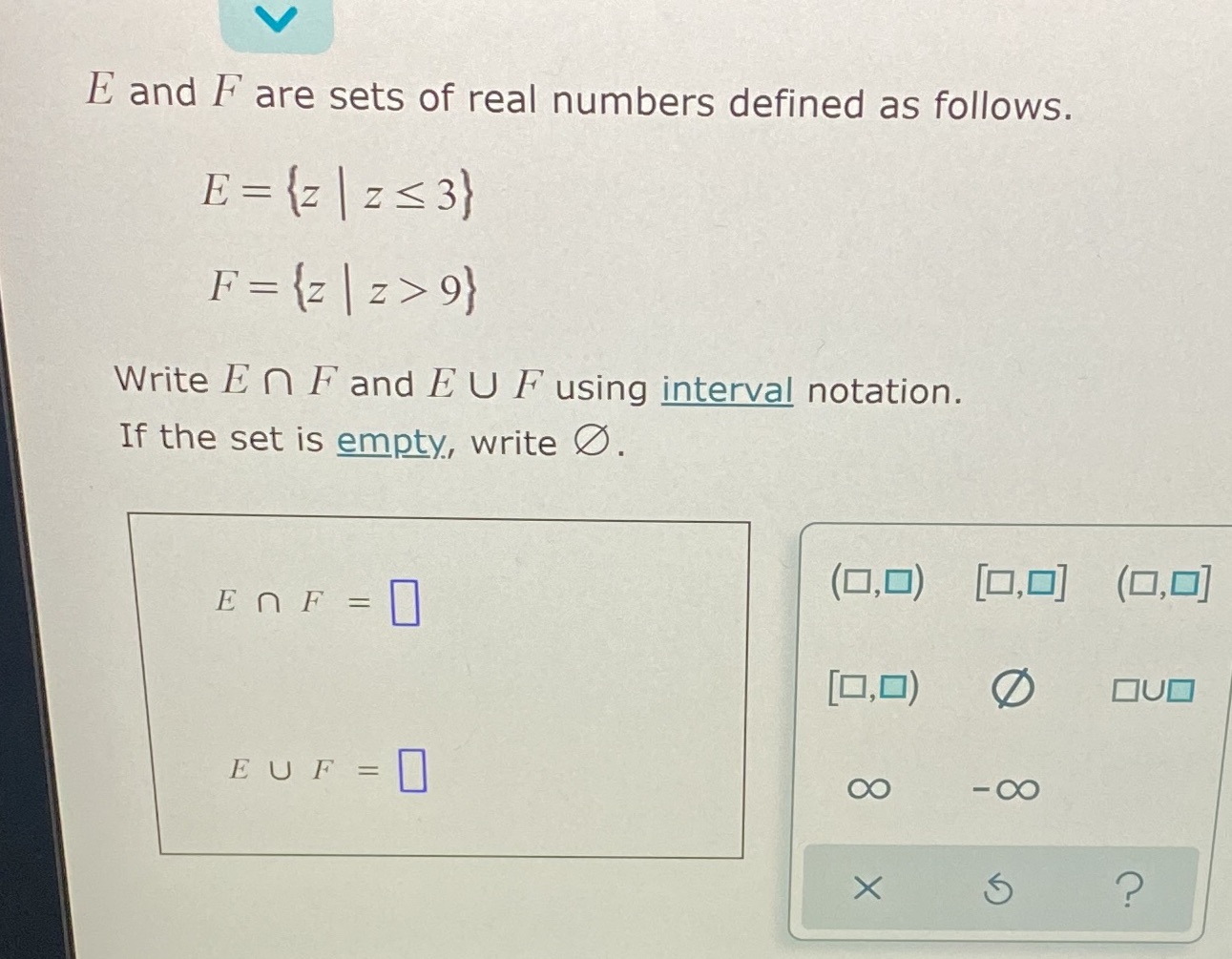E and F are sets of real numbers defined as