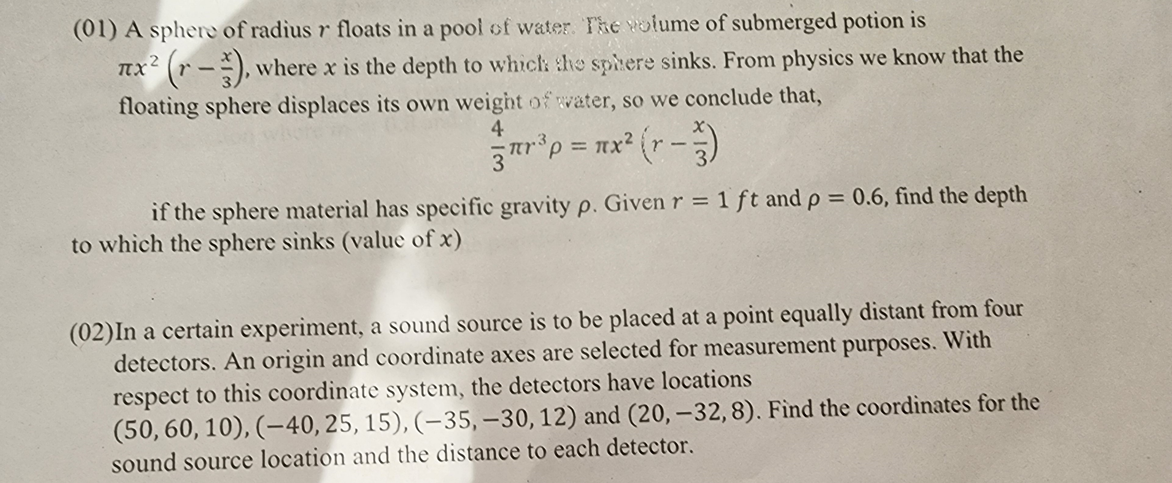 (01) A sphere of radius r floats in a pool of