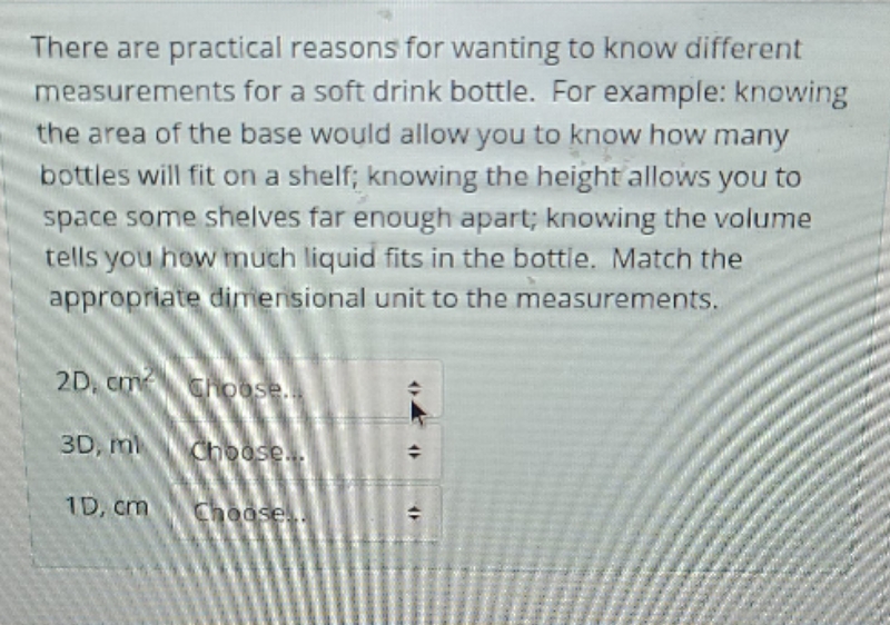 the choices are, area of the base, volume, height