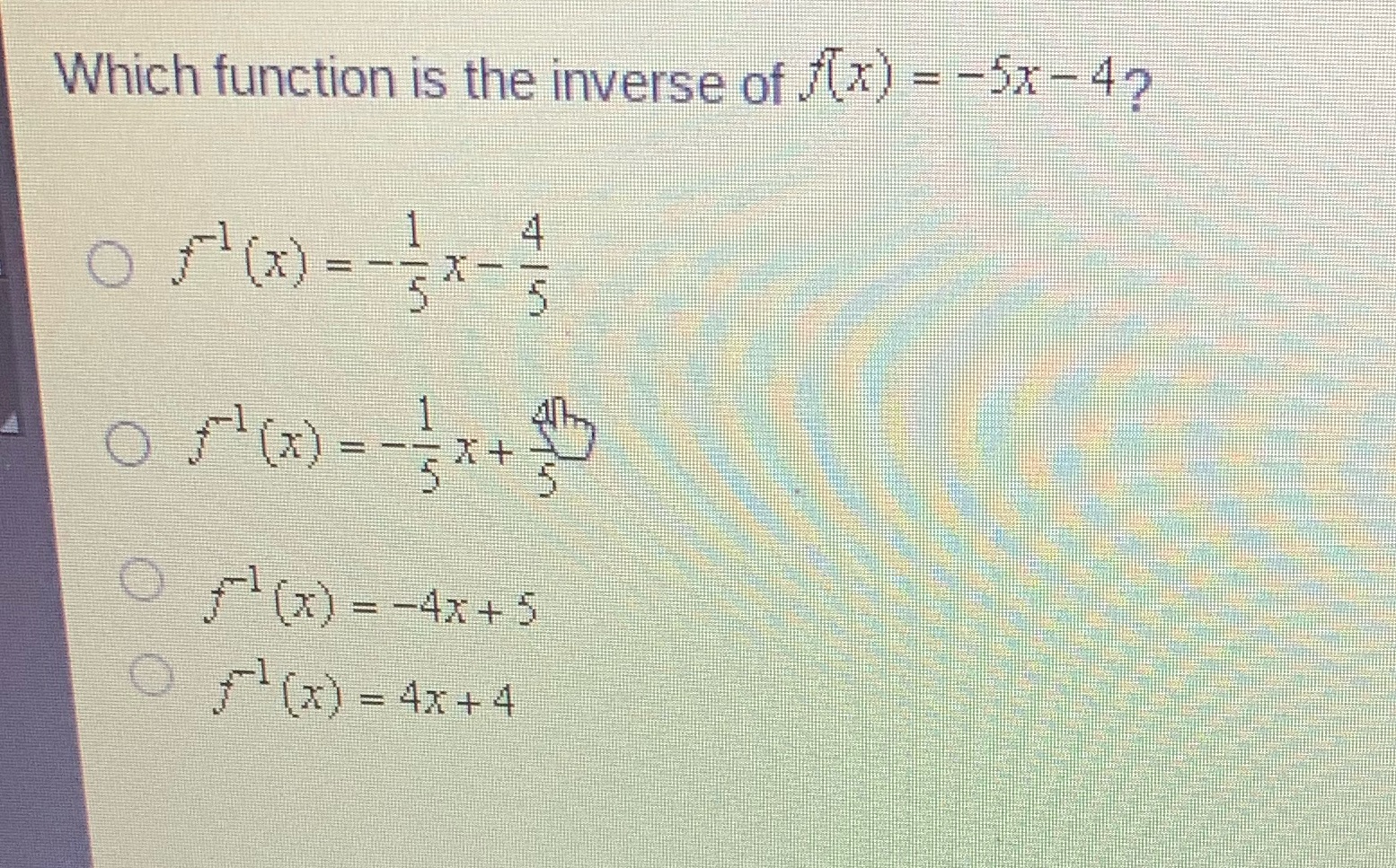 Please help soon:( Which function is the inverse
