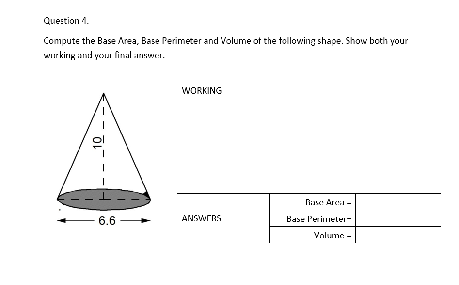 Question 4. Compute the Base Area, Base Perimeter