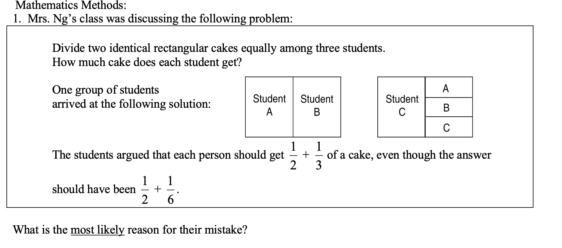 Mathematics Methods: 1. Mrs. Ng's class was