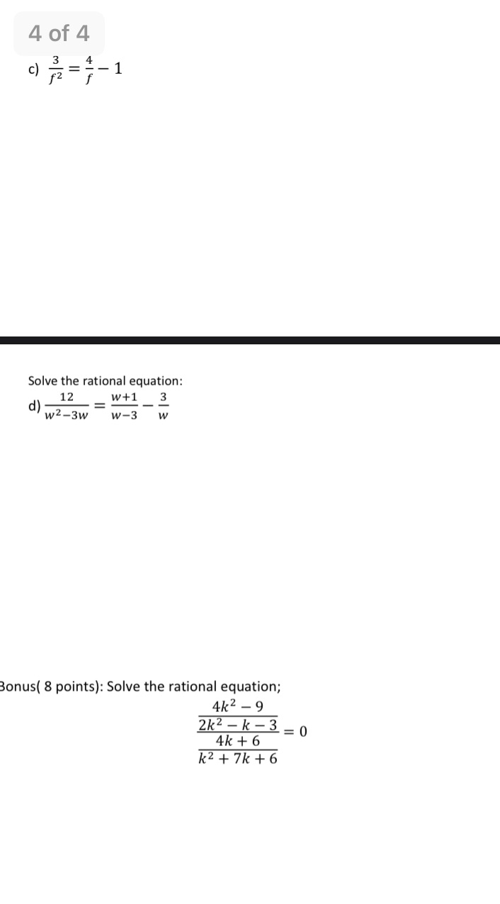Question C: solve the rational equations Question