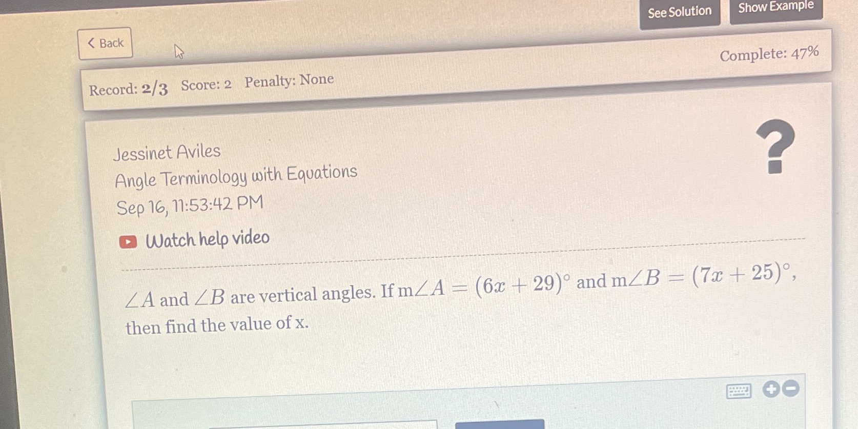 whats the answer? < Back See Solution Show