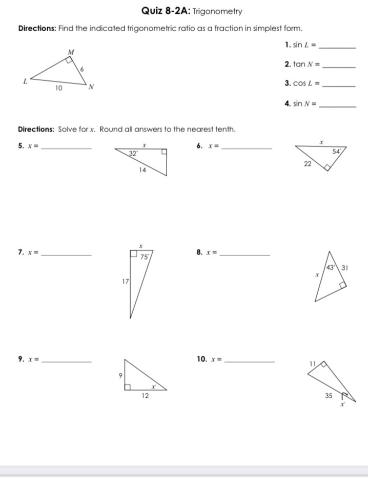 Pls do 1-10 Quiz 8-2A: Trigonometry Directions: