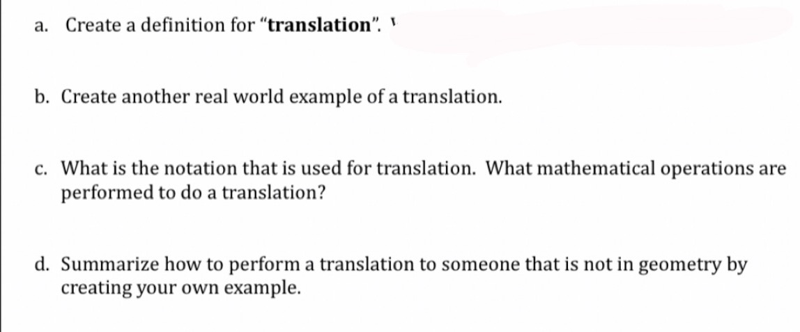 Respond to questions a-d asking about translation