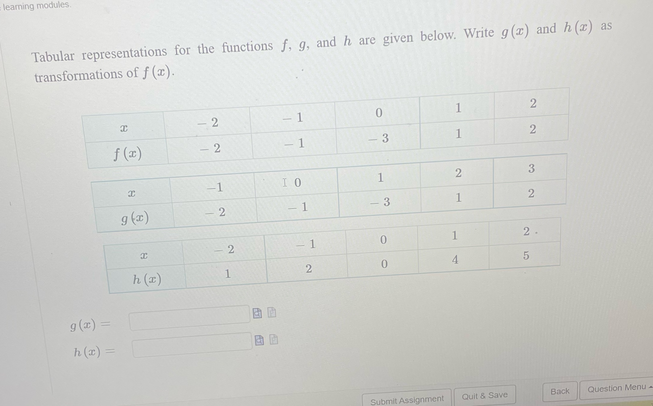 learning modules. Tabular representations for the
