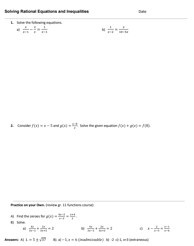Solving Rational Equations and Inequalities Date