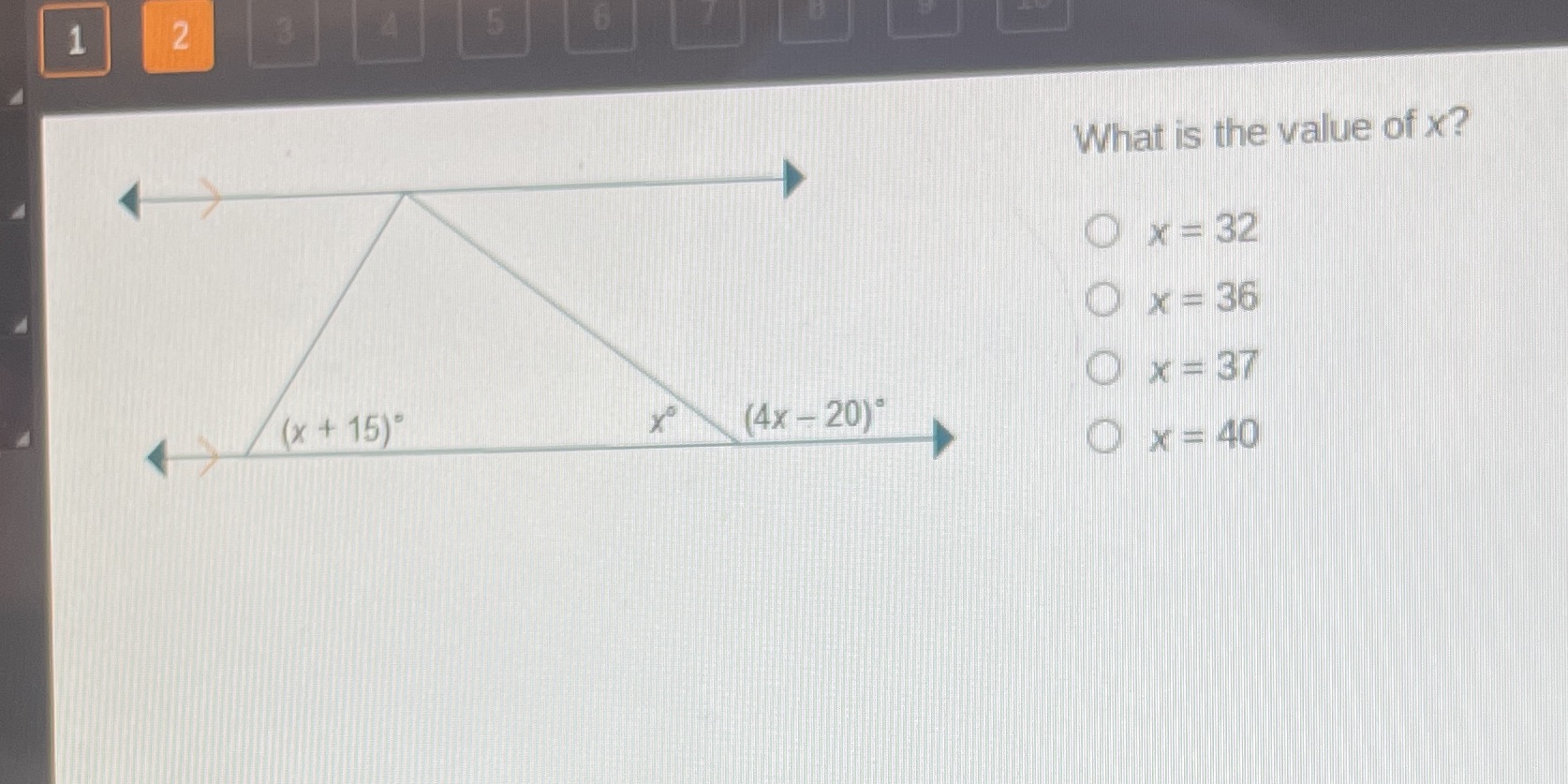Triangle 2 5 What is the value of x? O x = 32 O x