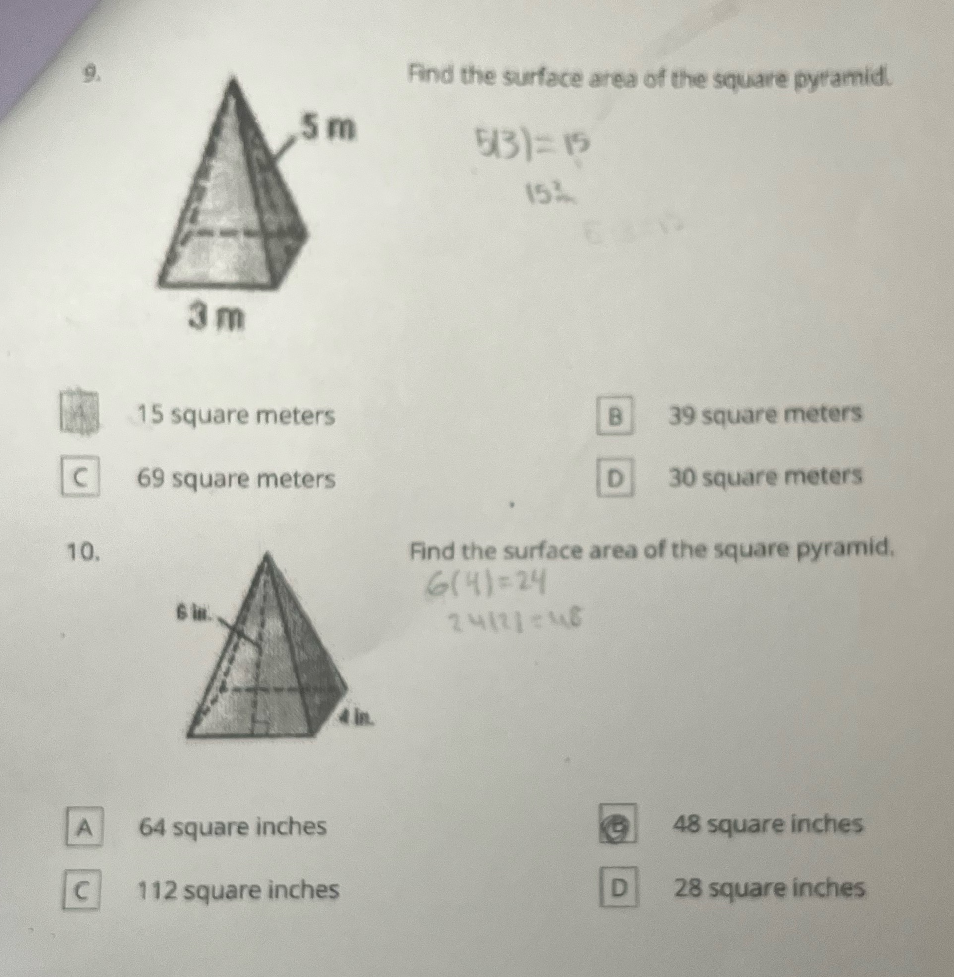Find surface area for the square pyramid Find the