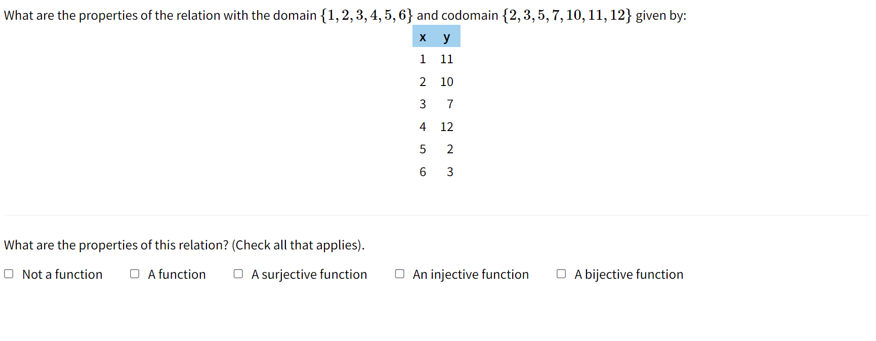 Compute the following set operations, given the