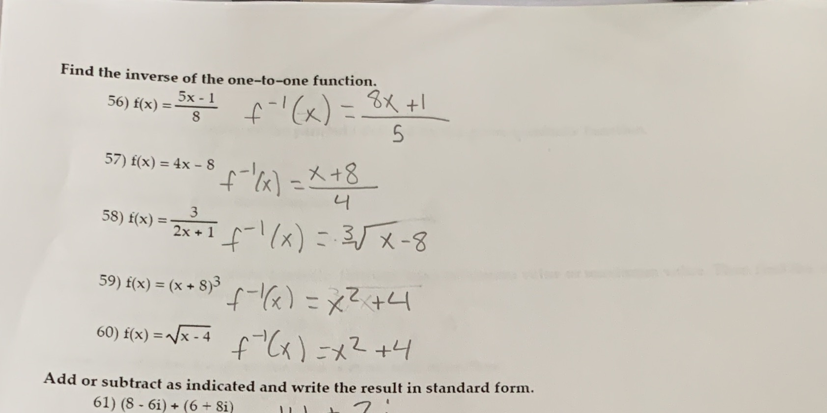 Find the inverse of the one-to-one function. 56)