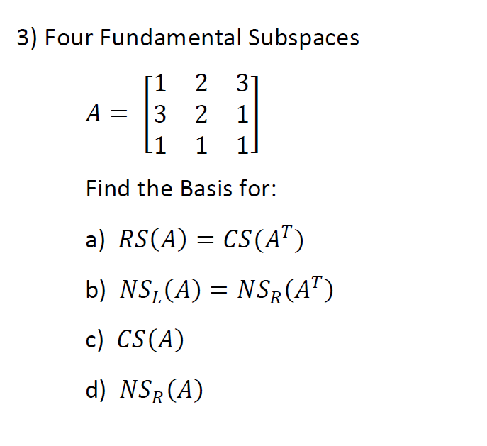 3) Four Fundamental Subspaces 1 2 3 A = 3 1 L1
