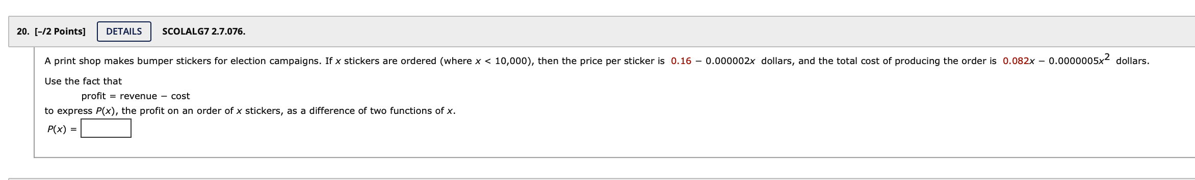 20. [-/2 Points] DETAILS SCOLALG7 2.7.076. A