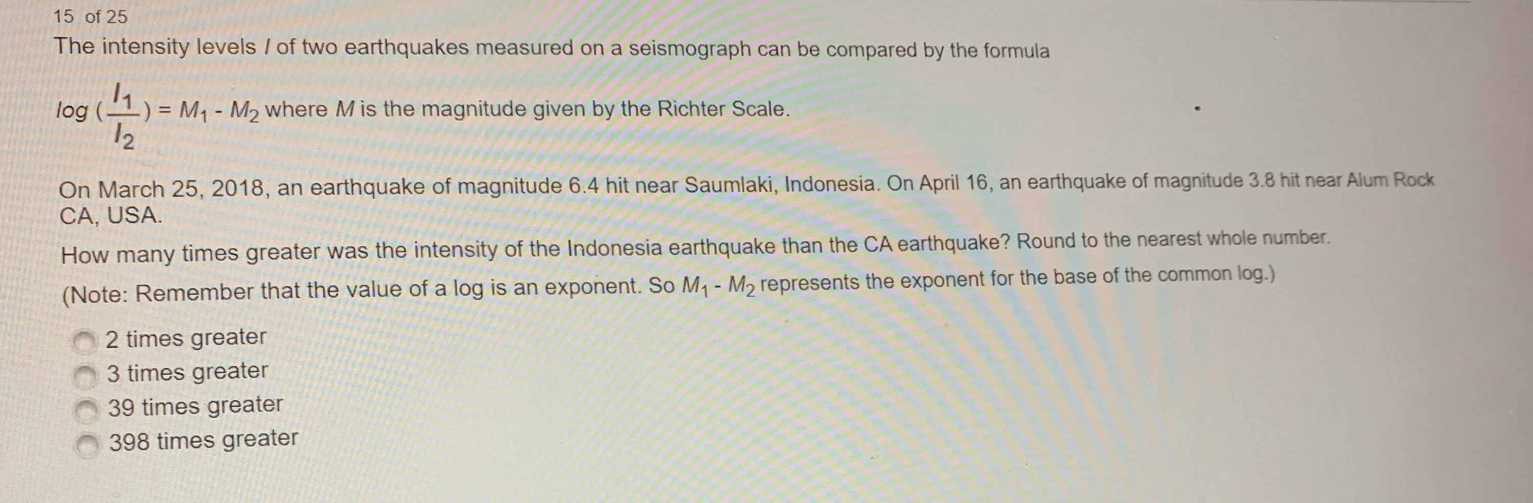 Help, Multiple choice 15 of 25 The intensity