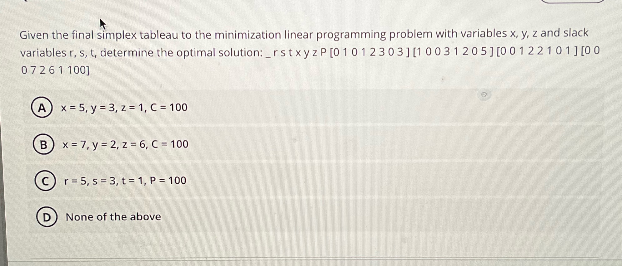 Solve Given the final simplex tableau to the