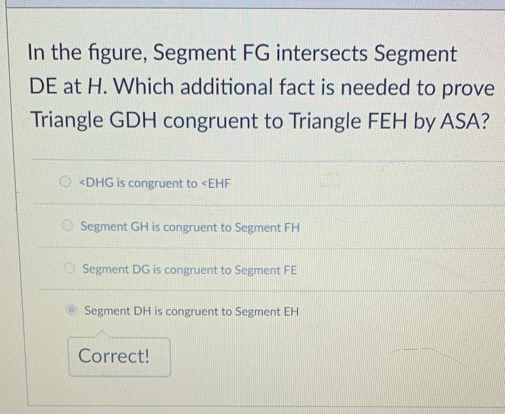 In the figure, Segment FG intersects Segment DE