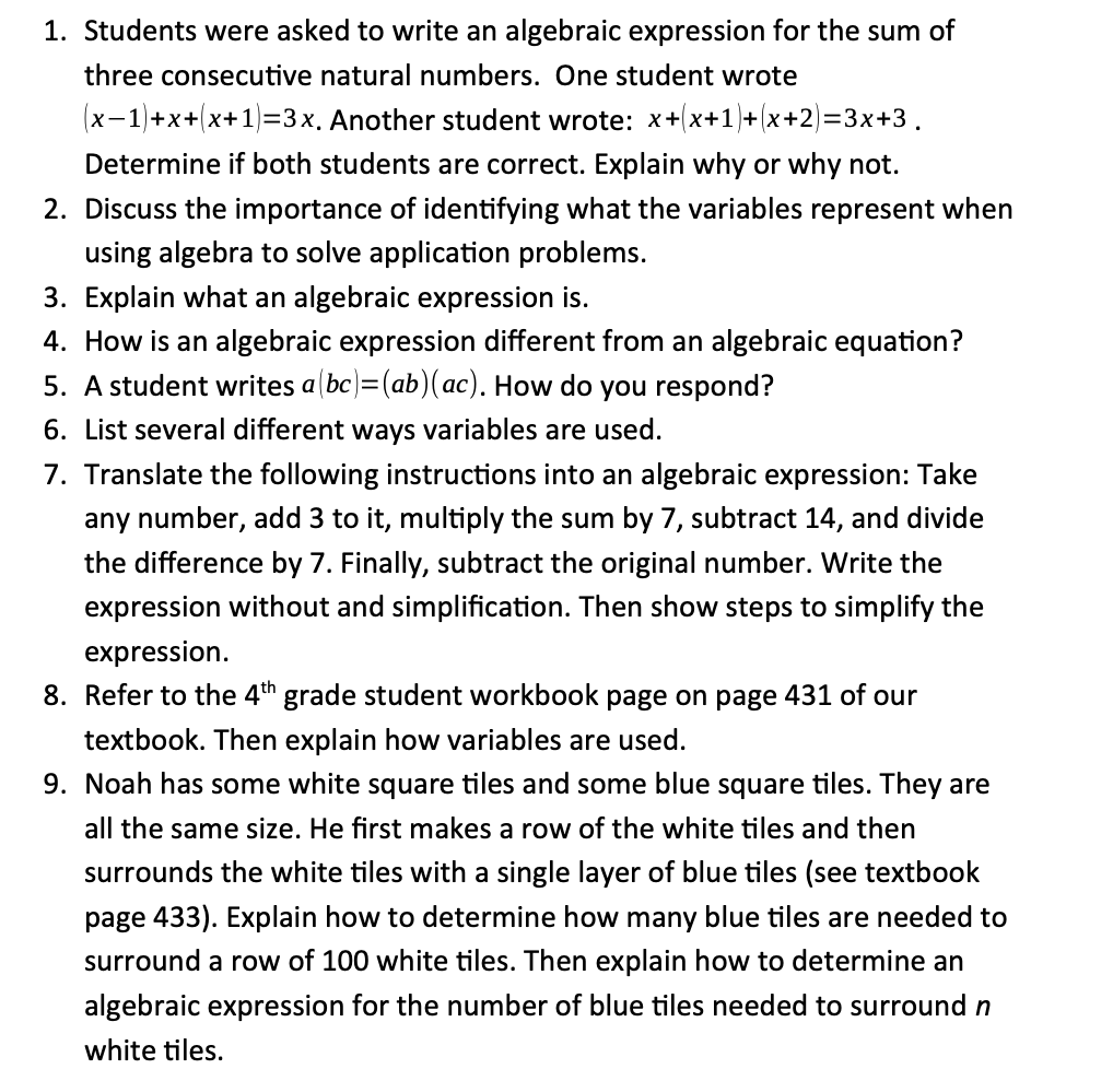 ~19wa . Students were asked to write an algebraic