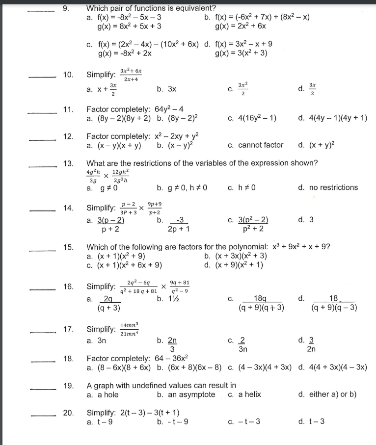 9. Which pair of functions is equivalent? a. f(x)