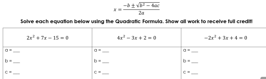 Graded Assignment: U7 Completing the Square Solve