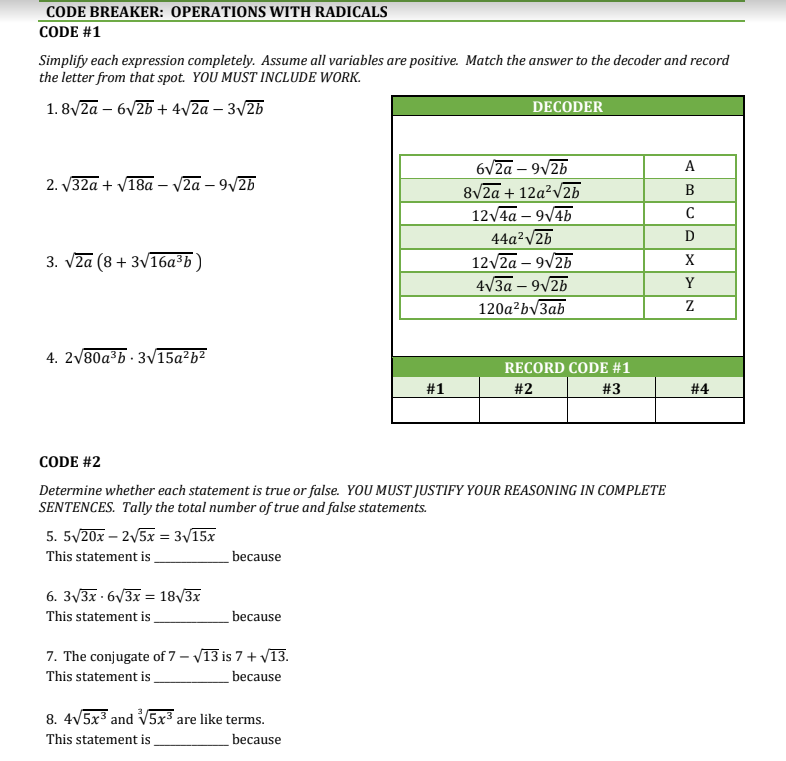 CODE BREAKER: OPERATIONS WITH RADICALS CODE #1