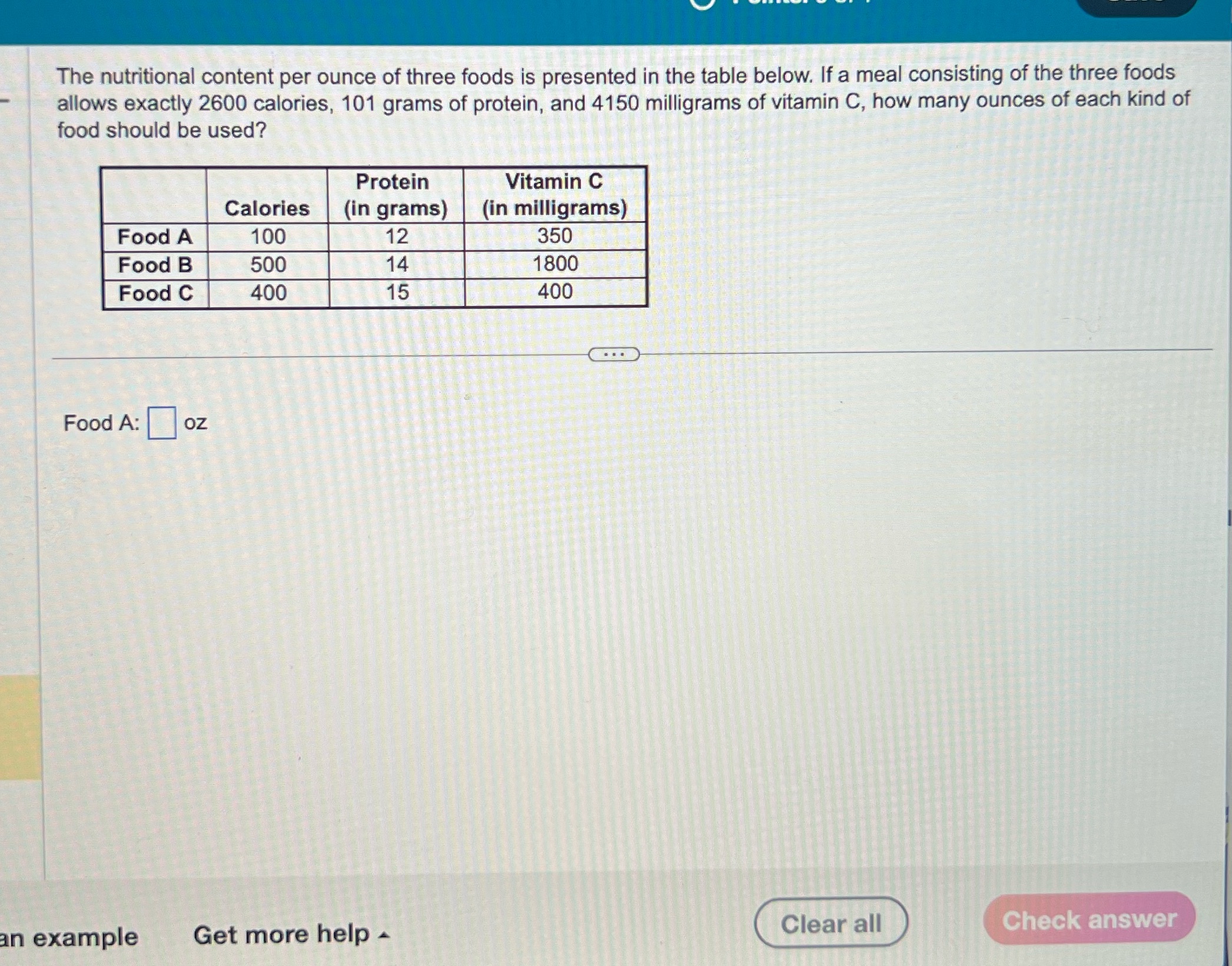 Help The nutritional content per ounce of three