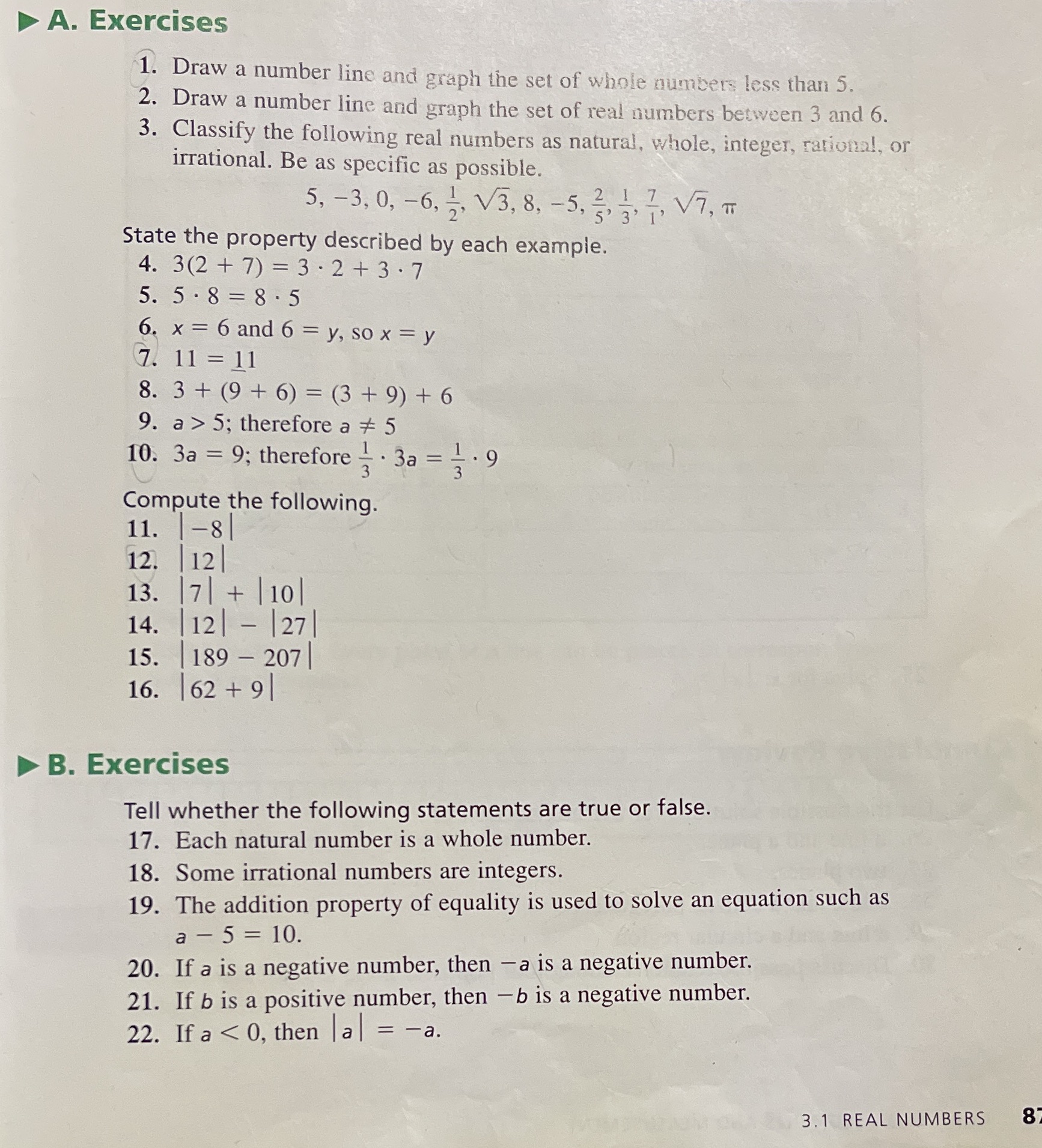1-22 A. Exercises 1. Draw a number line and graph