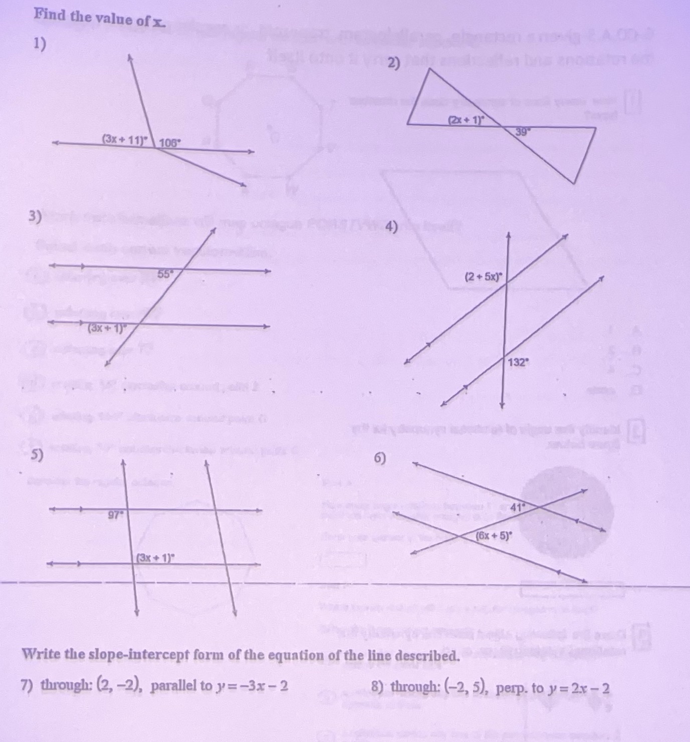 Find the value of X 1) 2) (2x + 1)" 39 (3x + 11)