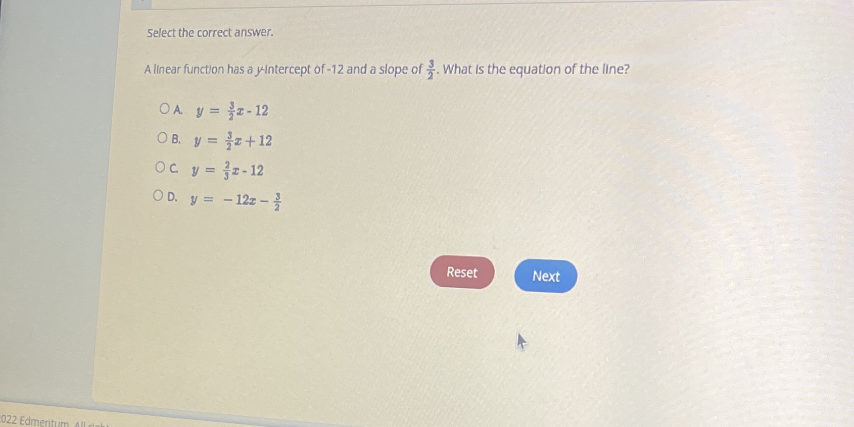 Select the correct answer. A llnear function has