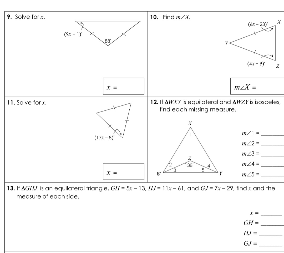 9-13 please 9. Solve for x. 10. Find mZX.