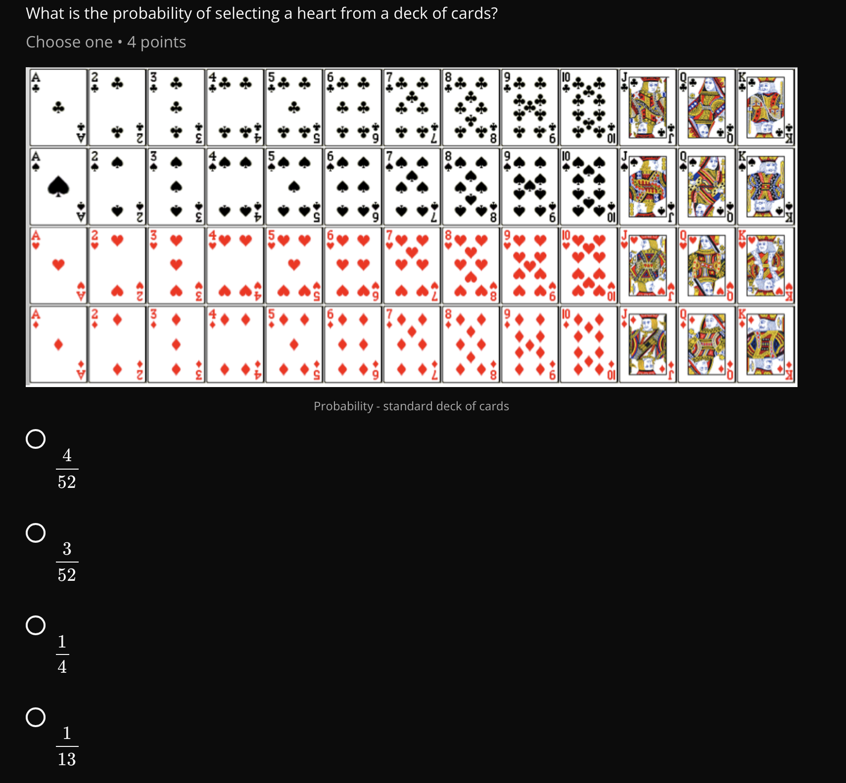 What is the probability of selecting a heart from