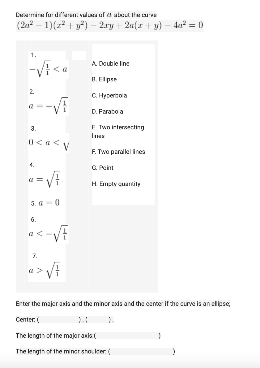 Determine for different values of a. about the