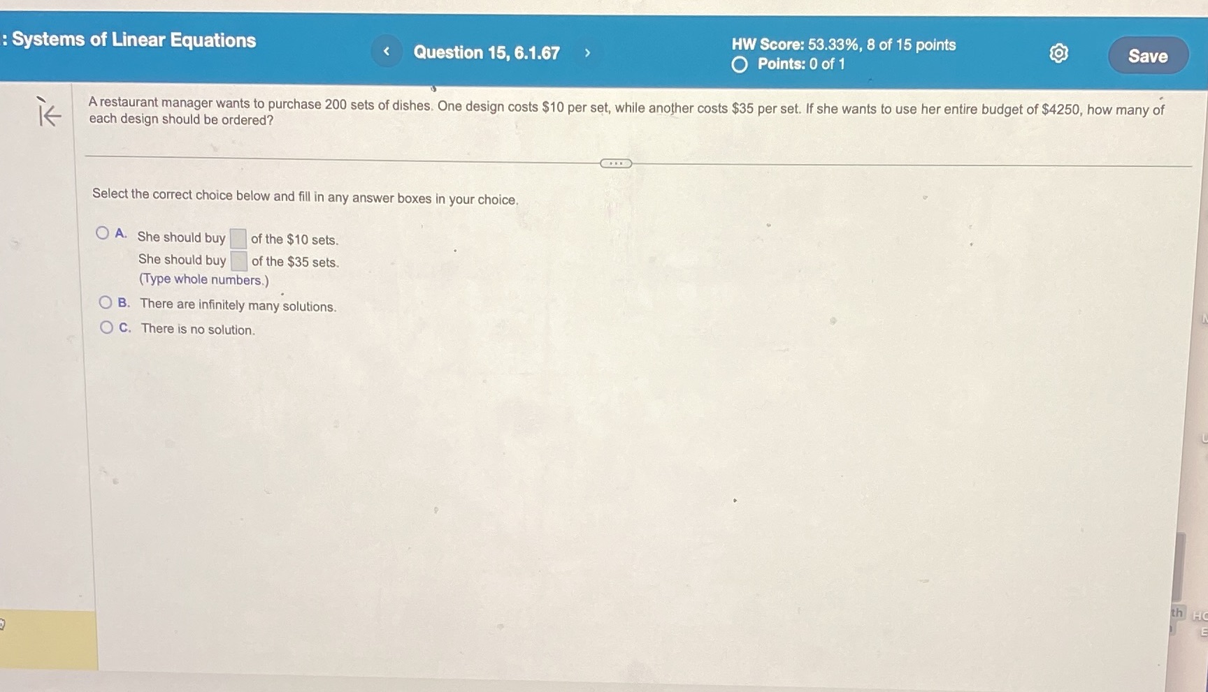 Systems of Linear Equations HW Score: 53.33%, 8