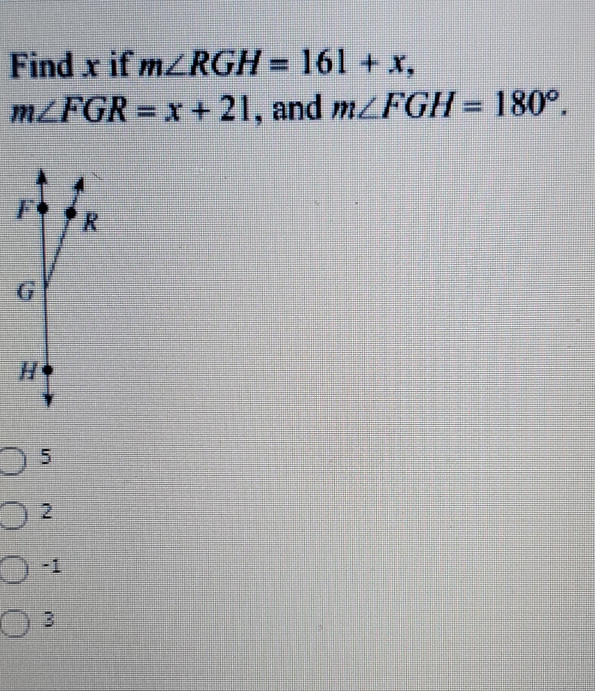 please help Find x if myRGH = 161 + x. mZFGR = x
