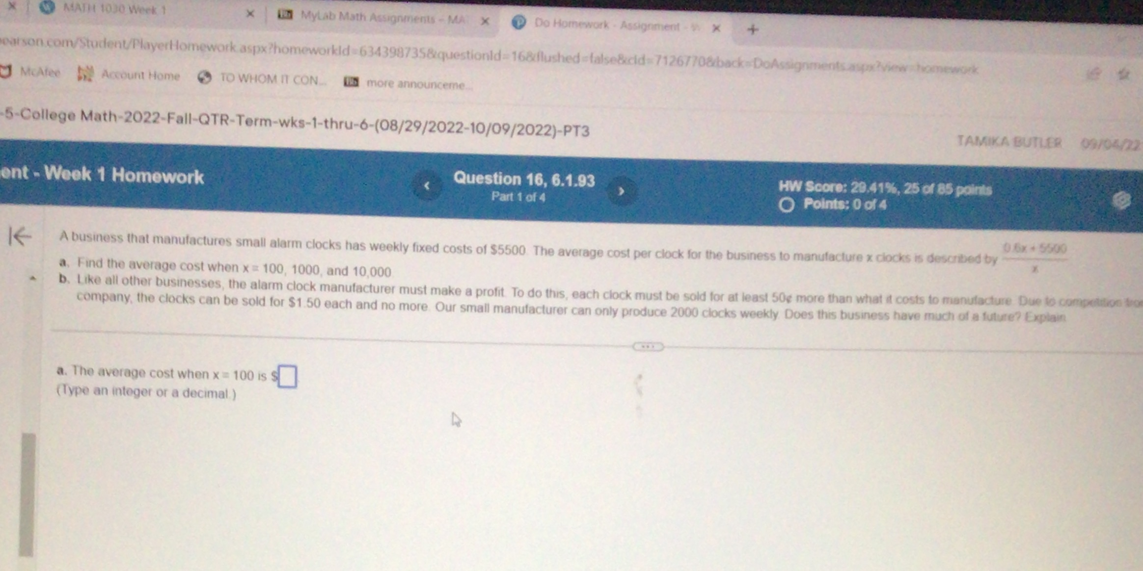 X MATH 1030 Week 1 X MyLab Math Assignments - MA
