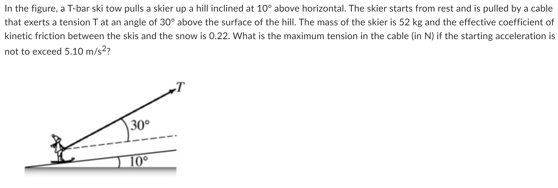 In the figure, a Tbar ski tow pulls a skier up a
