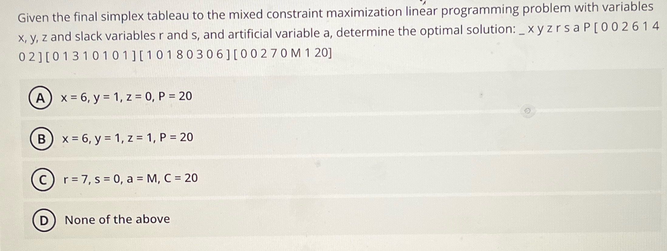 Solve Given the final simplex tableau to the