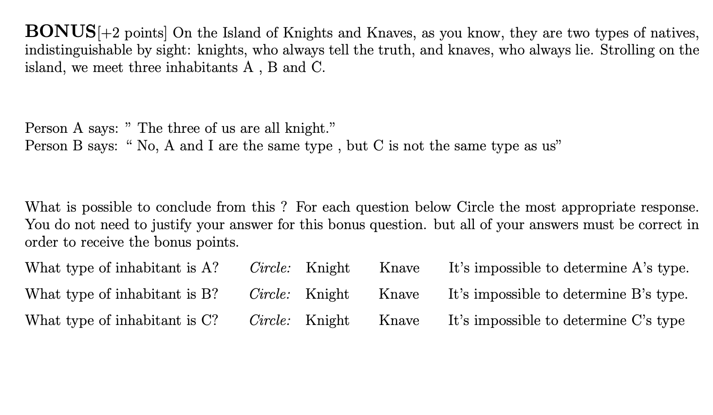BONUS[+2 points] On the Island of Knights and