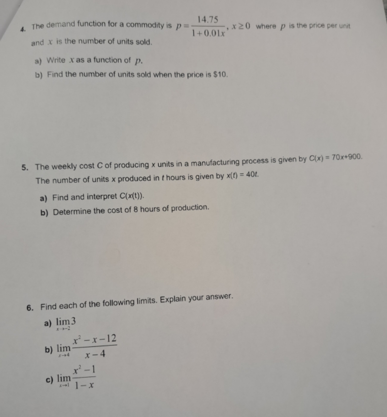 4. The demand function for a commodity is p =-