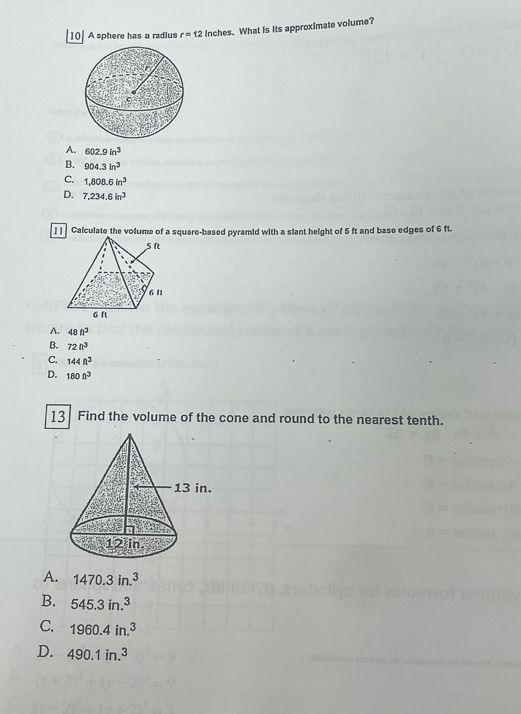 10| A sphere has a radius r= 12 Inches. What is