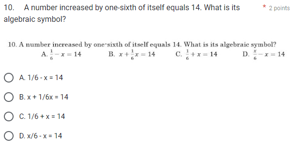 10. A number increased by one-sixth of itself