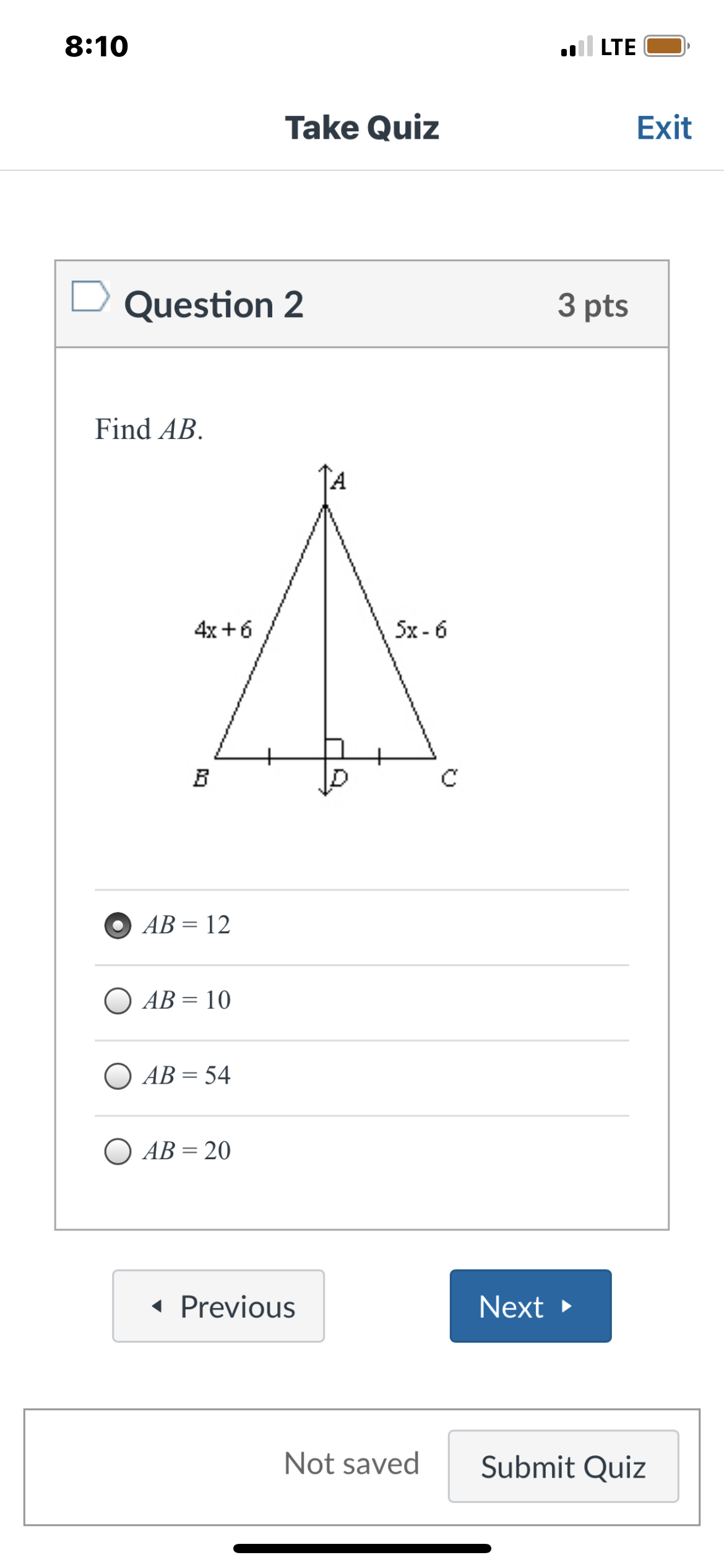 8:10 LTE D Take Quiz Exit Question 2 3 pts Find