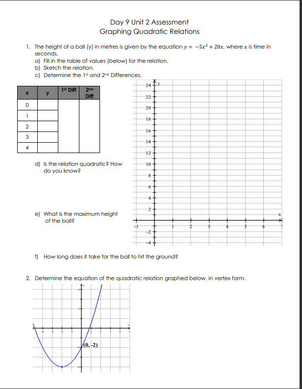 Day 9 Unit 2 Assessment Graphing Quadratic