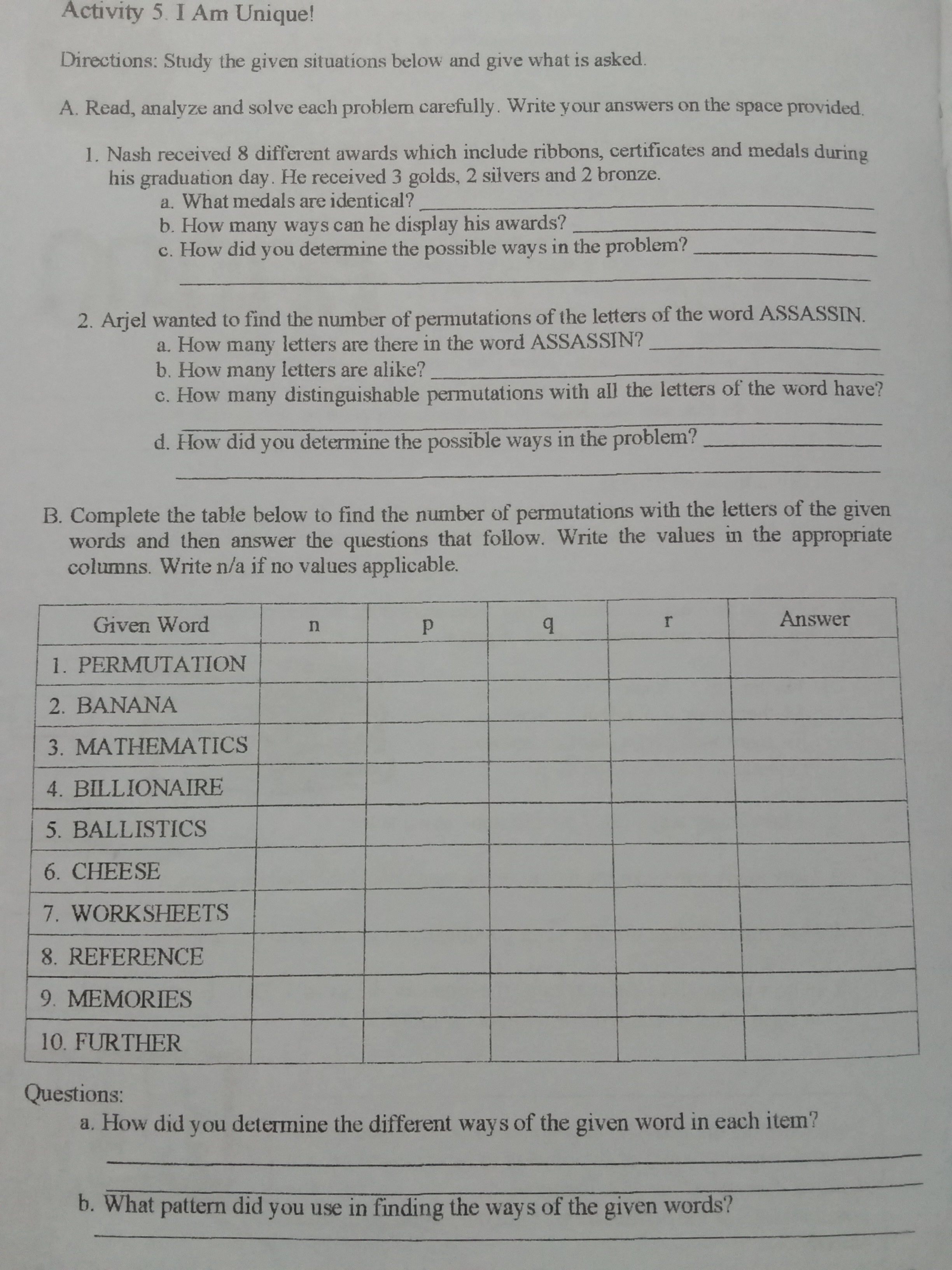 answer the questions \fActivity 2. Arrange Me